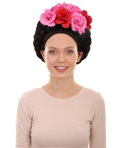 HPO Adult Women’s Mexican Artist Black and Pink Floral Braided Wig, Perfect for Halloween, Flame-retardant Synthetic Fibers in Saudi Arabia