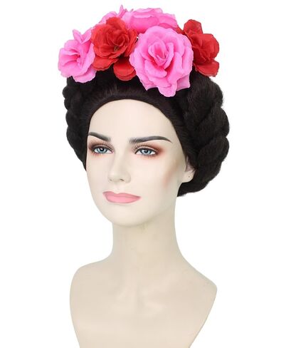 HPO Adult Women’s Mexican Artist Black and Pink Floral Braided Wig, Perfect for Halloween, Flame-retardant Synthetic Fibers in Saudi Arabia