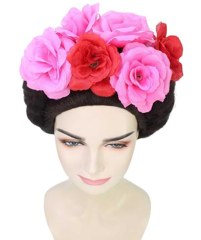 HPO Adult Women’s Mexican Artist Black and Pink Floral Braided Wig, Perfect for Halloween, Flame-retardant Synthetic Fibers in Saudi Arabia