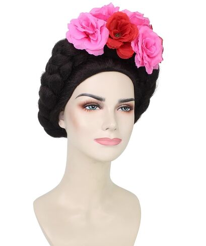 HPO Adult Women’s Mexican Artist Black and Pink Floral Braided Wig, Perfect for Halloween, Flame-retardant Synthetic Fibers in Saudi Arabia