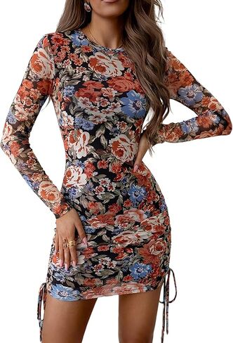 CHICME Women's Floral Mesh Bodycon Mini Dress Long Sleeve Drawstring Side Ruched Party Dress in Saudi Arabia