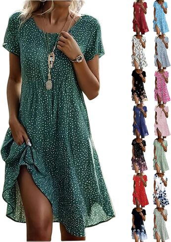 Mini Floral Dress for Women Casual Summer Crewneck Short Sleeve Tshirt Dress Swing Beach Boho Dress Short Sundresses in Saudi Arabia