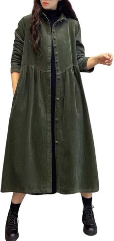 ebossy Womens Corduroy Button Down Shirt Dress Long Sleeve Lapel A-Line Pleated Midi Long Dress with Pockets in Saudi Arabia