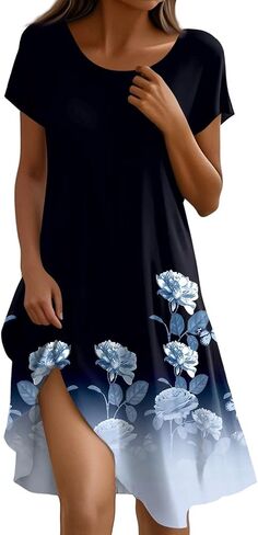 فستان قصير منقوش عليه زهور للنساء كاجوال صيفي بياقة دائرية وأكمام قصيرة فستان سوينغ بيتش بوهو فستان قصير للشمس in Saudi Arabia
