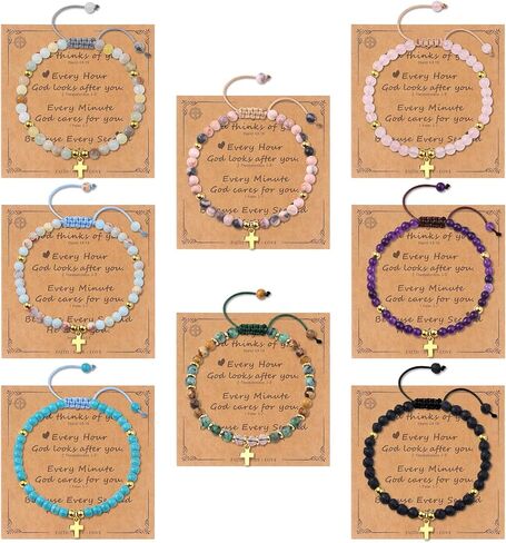 Giovanchi 8PCS Cross Bracelet for Women - Christian Bracelets Gifts for Women - Inspirational Religious Baptism Birthday Gifts for Women - 4MM Natural Stone Bracelets in Kuwait