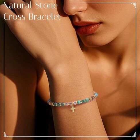 Giovanchi 8PCS Cross Bracelet for Women - Christian Bracelets Gifts for Women - Inspirational Religious Baptism Birthday Gifts for Women - 4MM Natural Stone Bracelets in Kuwait