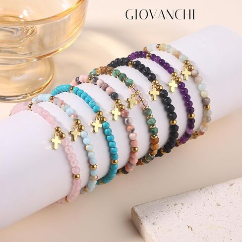 Giovanchi 8PCS Cross Bracelet for Women - Christian Bracelets Gifts for Women - Inspirational Religious Baptism Birthday Gifts for Women - 4MM Natural Stone Bracelets in Kuwait