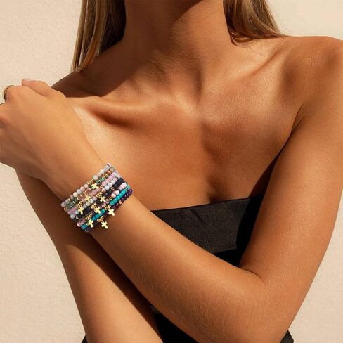 Giovanchi 8PCS Cross Bracelet for Women - Christian Bracelets Gifts for Women - Inspirational Religious Baptism Birthday Gifts for Women - 4MM Natural Stone Bracelets in Kuwait