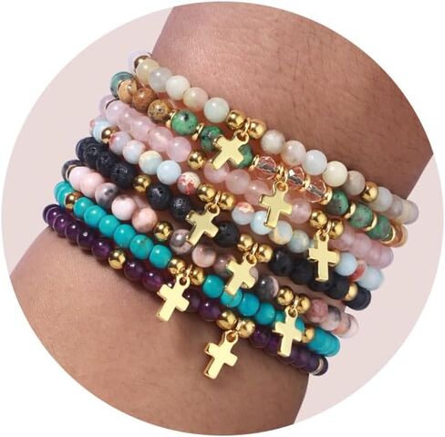 Giovanchi 8PCS Cross Bracelet for Women - Christian Bracelets Gifts for Women - Inspirational Religious Baptism Birthday Gifts for Women - 4MM Natural Stone Bracelets in Kuwait