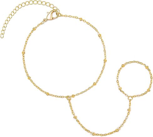 14K Gold Plated Hand Chain Bracelet with Ring, Dainty Cubic Zircon Finger Bracelet, Adjustable Cuff Body Jewelry Gifts for Women in Kuwait