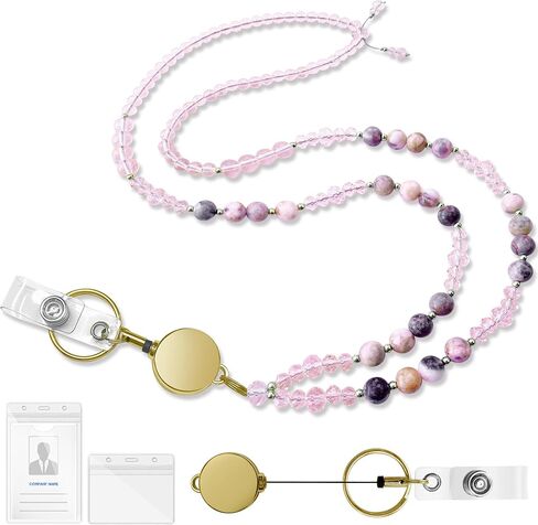 Beaded Lanyards for ID Badges and Keys,Natural Stone Teacher Lanyard for Women,Retractable Badge Lanyard with ID Holder,Cute Lanyanrd with Phone Wrist Strap (Pink) in Saudi Arabia