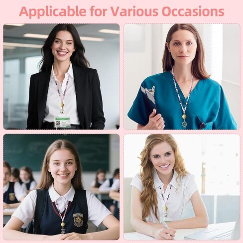 Beaded Lanyards for ID Badges and Keys,Natural Stone Teacher Lanyard for Women,Retractable Badge Lanyard with ID Holder,Cute Lanyanrd with Phone Wrist Strap (Pink) in Saudi Arabia