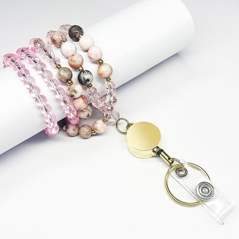 Beaded Lanyards for ID Badges and Keys,Natural Stone Teacher Lanyard for Women,Retractable Badge Lanyard with ID Holder,Cute Lanyanrd with Phone Wrist Strap (Pink) in Saudi Arabia