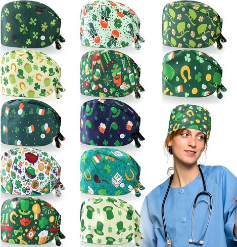 JaGely 12 Pcs St. Patrick's Day Scrub Caps Surgical Cap Nurse Hat with Button and Sweatband Adjustable Tie Back for Women in Saudi Arabia