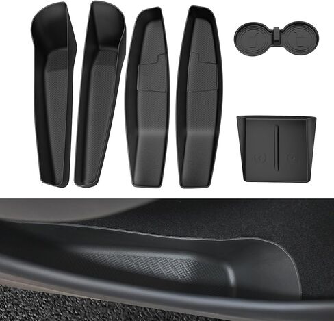 Farmogo 2026 Tesla Model Y Juniper صندوق تخزين جانبي للباب (مضاد للانزلاق TPE) صينية تنظيم الجيب الجانبي للباب، بطانة جيب بفتحة أمامية وخلفية مقاومة للماء لملحقات Tesla Model Y Juniper 2025-2026 الجديدة in Kuwait