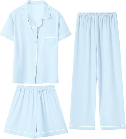 طقم بيجامات بناتي مكون من 3 قطع بيجامة حريرية ملابس نوم للأطفال من عمر 5 إلى 14 سنة in Kuwait