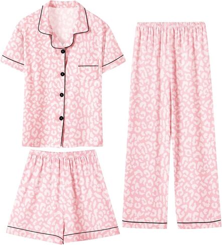 Girls 3 Piece Pajamas Silky Pajama Set Stain PJs Sleepwear for Kids, 5-14 Years in Saudi Arabia