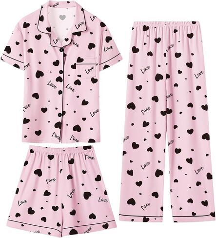 Girls 3 Piece Pajamas Silky Pajama Set Stain PJs Sleepwear for Kids, 5-14 Years in Saudi Arabia