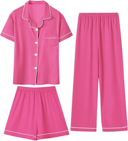 Girls 3 Piece Pajamas Silky Pajama Set Stain PJs Sleepwear for Kids, 5-14 Years in Saudi Arabia