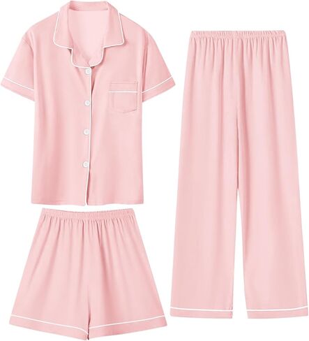 Girls 3 Piece Pajamas Silky Pajama Set Stain PJs Sleepwear for Kids, 5-14 Years in Saudi Arabia