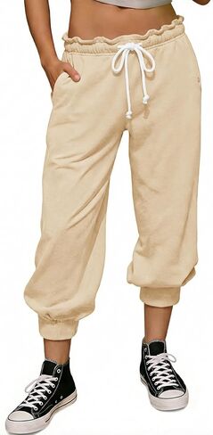 Fisoew Women's Capri Joggers 2026 Trendy Peplum Drawstring Waist Sweatpants with Pockets in Saudi Arabia