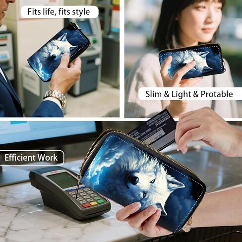 Womens Wallet, RFID Wristlet Wallet for Women, Cute Ladies Purse, Large Credit Card Clutch Purse, Leather Card Holder Wallets with Zipper & Phone Holder,Cool Wolf Dream Starry in Saudi Arabia