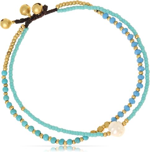 Made by Nami Boho Beaded Anklet for Women Adjustable Turquoise Gold Layered Anklet with Pearl Charm Dainty Layered Beach Jewelry Summer Birthday Gift for Her in Saudi Arabia