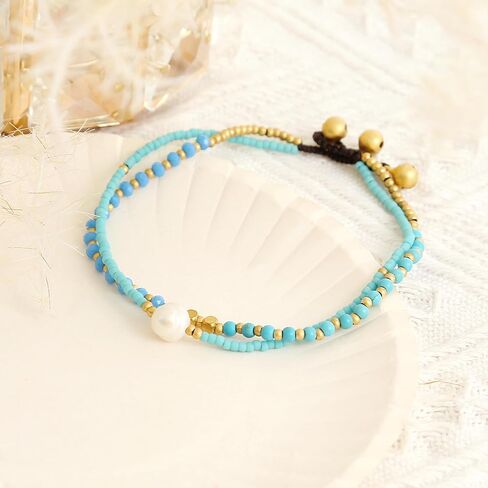 Made by Nami Boho Beaded Anklet for Women Adjustable Turquoise Gold Layered Anklet with Pearl Charm Dainty Layered Beach Jewelry Summer Birthday Gift for Her in Saudi Arabia