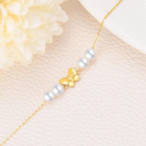 SISGEM 14k Gold Freshwater Cultured Pearl Butterfly Anklet, Fine 14kt Gold Ankle Bracelet for Women, 9.4-11 inches in Saudi Arabia