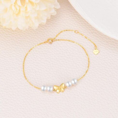 SISGEM 14k Gold Freshwater Cultured Pearl Butterfly Anklet, Fine 14kt Gold Ankle Bracelet for Women, 9.4-11 inches in Saudi Arabia