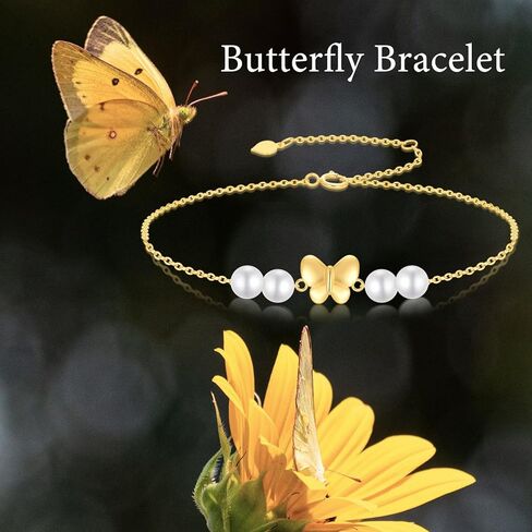 SISGEM 14k Gold Freshwater Cultured Pearl Butterfly Anklet, Fine 14kt Gold Ankle Bracelet for Women, 9.4-11 inches in Saudi Arabia