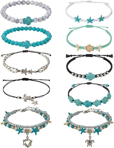 10 Pcs Sea Turtle Ankle Bracelets for Women Adjustable Starfish beach Bracelets Boho Jewelry Set for Summer Beach Trips in Saudi Arabia
