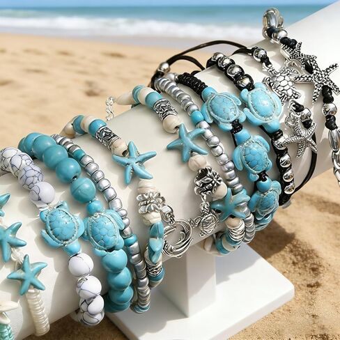 10 Pcs Sea Turtle Ankle Bracelets for Women Adjustable Starfish beach Bracelets Boho Jewelry Set for Summer Beach Trips in Saudi Arabia
