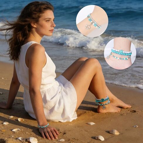 10 Pcs Sea Turtle Ankle Bracelets for Women Adjustable Starfish beach Bracelets Boho Jewelry Set for Summer Beach Trips in Saudi Arabia