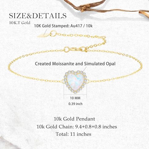 10k Gold Heart Anklet for Women, Created Opal Moissanite Love Ankle Bracelet Jewelry for Wife/Mother/Sister, Birthday Gifts for Her, 9.4"-11" in Saudi Arabia