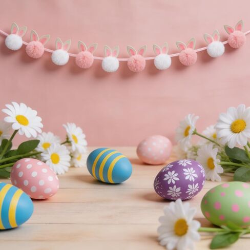 Easter Garland Bunny Decorations, Cute Short Plush Bunny Garland, Easter Banner Decor for Spring Holiday Party Tree Wall Fireplace Mantle Home Indoor Outdoor Spring Decor in Saudi Arabia