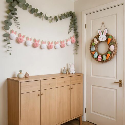 Easter Garland Bunny Decorations, Cute Short Plush Bunny Garland, Easter Banner Decor for Spring Holiday Party Tree Wall Fireplace Mantle Home Indoor Outdoor Spring Decor in Saudi Arabia