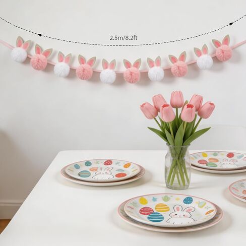 Easter Garland Bunny Decorations, Cute Short Plush Bunny Garland, Easter Banner Decor for Spring Holiday Party Tree Wall Fireplace Mantle Home Indoor Outdoor Spring Decor in Saudi Arabia