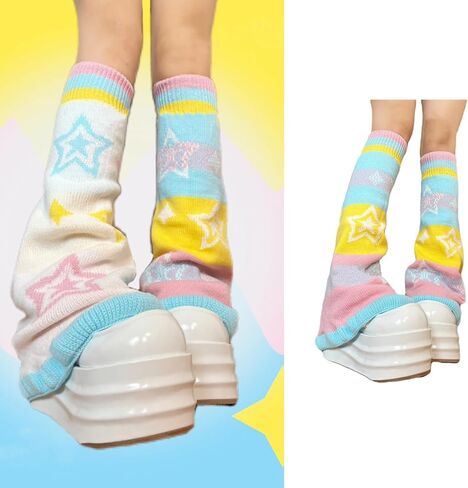 تدفئة الساق متوهجة قابلة للعكس بألوان قوس قزح مع نمط نجمة حلوة للنساء أغطية قدم محبوكة جمالية in Kuwait