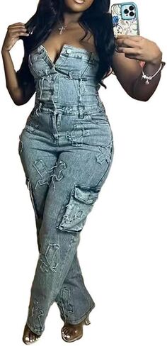 بذلة نسائية عصرية من قماش الدنيم بذلة مثيرة بدون حمالات غير رسمية من الجينز رومبير مع جيوب in Kuwait