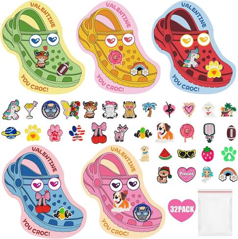 32 Sets Valentines Day Cards for Kids School Classroom Kit, 32PCS Funny Valentines Gift Cards with 64PCS Shoe Charms Bulk, Valentine Exchange Card for Boys Girls Class Classroom Gifts Party Favors in Saudi Arabia