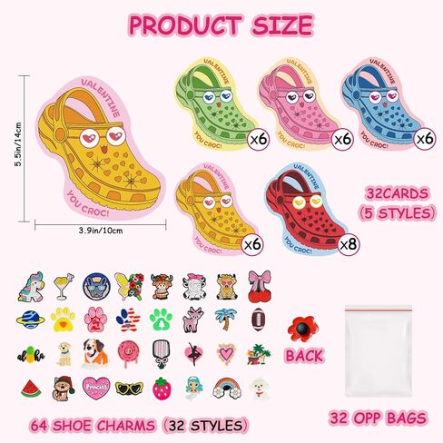 32 Sets Valentines Day Cards for Kids School Classroom Kit, 32PCS Funny Valentines Gift Cards with 64PCS Shoe Charms Bulk, Valentine Exchange Card for Boys Girls Class Classroom Gifts Party Favors in Saudi Arabia