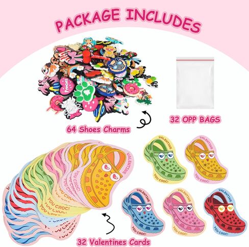 32 Sets Valentines Day Cards for Kids School Classroom Kit, 32PCS Funny Valentines Gift Cards with 64PCS Shoe Charms Bulk, Valentine Exchange Card for Boys Girls Class Classroom Gifts Party Favors in Saudi Arabia