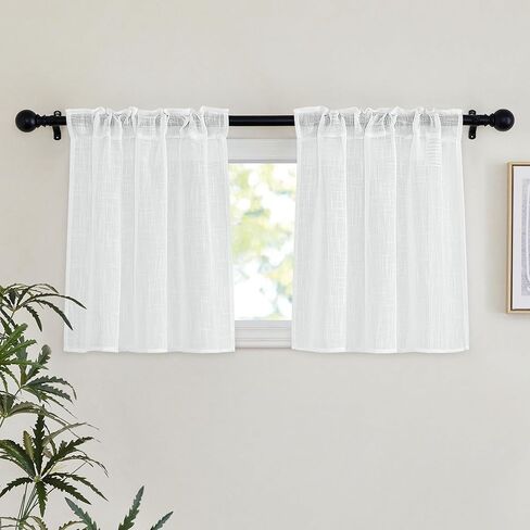 White Kitchen Curtains Tiers - Linen Textured Sheer Curtains Light Filtering Privacy Window Drapes Soft Airy Breathable Small Valances for RV Camper, Nursery, Cafe, W30 x L24 inch, 2 Panels in Saudi Arabia
