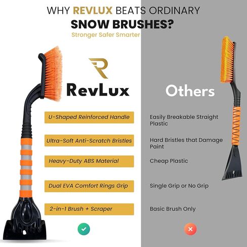 فرشاة ثلج ومكشطة ثلج من RevLux للزجاج الأمامي للسيارة - مزيل ثلج شديد التحمل للسيارات وسيارات الدفع الرباعي والشاحنات | شعيرات ناعمة غير قابلة للخدش | مكشطة ثلج ABS قابلة للفصل | أداة تنظيف الزجاج الأمامي في الشتاء in Kuwait