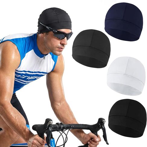 4Pcs Men Cooling Skull Caps, Helmet Liner Cycling Caps, Cycling Running Sweat Wicking Beanie for Men & Women, Multicolor Cooling Sweat Hat (Black, White, Gray, Navy Blue) in Saudi Arabia
