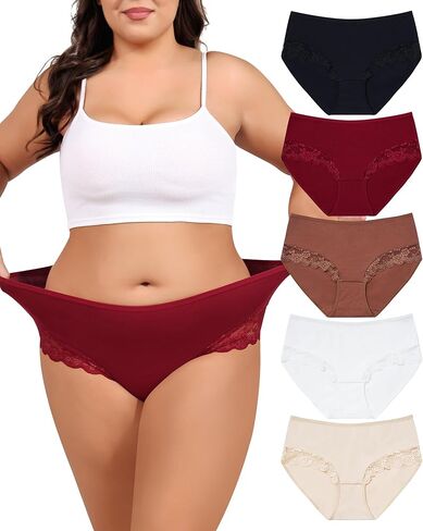 LEVAO ملابس داخلية مقاس كبير XL-4XL ملابس داخلية نسائية كبيرة متعرجة من القطن مع دانتيل بخصر عالٍ سراويل داخلية ناعمة قابلة للتنفس 5 عبوات in Kuwait