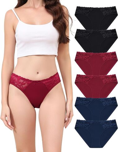 6PCS Women's Cotton Lace Cheeky Briefs - Stretch Hipster Bikini Pantie (S-XXL) in Saudi Arabia