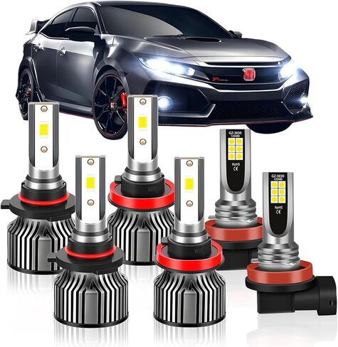 Compatible For Honda Civic 2016 201 2018 2019 2020 High Beam+Low Beam+Fog Light Bulbs Combo Pack, 6500K White, 400% Brightness with Cooling Fan, Plug and Play, Waterproof, Pack of 6 in Saudi Arabia