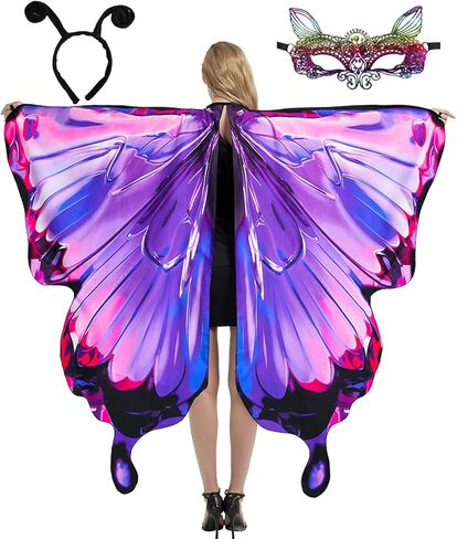 زي الفراشة للنساء، زي حفلات الهالوين بأجنحة الفراشة للبالغين مع قناع من الدانتيل وعصابة رأس هوائي in Kuwait